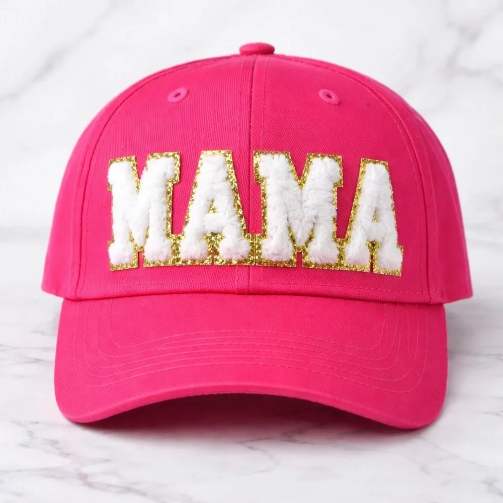 Fuchsia MAMA Hat Chenille Patch Trucker Cap Pink Gold Glitter Mom Hat Cute Gift